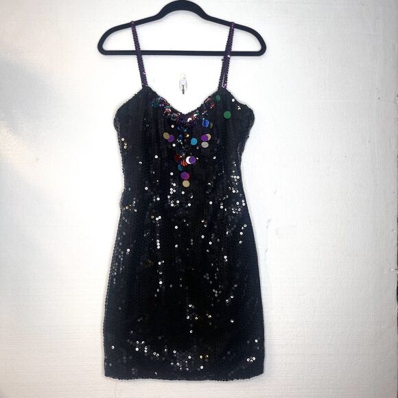 Vintage J Reynold Designs Atlanta Black Sequin Spaghetti Strap Fringe Dress 9/10 - Picture 1 of 8